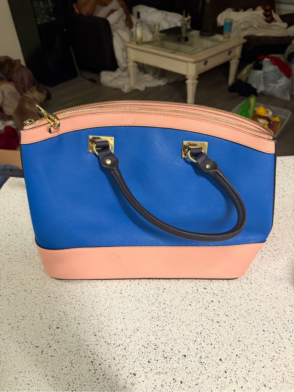 Anne Klein Beige/blue Satchel Top Handle Bag Zip Front Pocket Gold Hardware